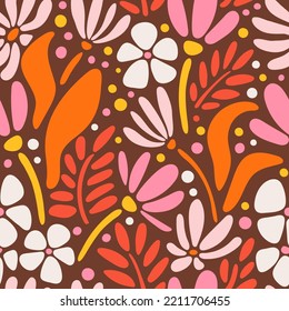 Patrón inmaterial botánico vintage. Flores modernas y onduladas, fondo vectorial. Impresión retro floral de mano para tela, papel pintado, embalaje, papel de embalaje, banner web y medios sociales