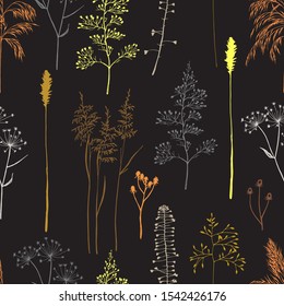 Vintage botanical  seamless pattern with realistyc meadow flowers and plants, wildflowers. 
