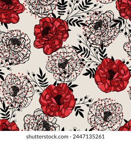 Vintage botanical seamless pattern. Vector hand drawn illustration of wild rose. Floral texture. Background with wild flowers and branches with leaves. Sketch style