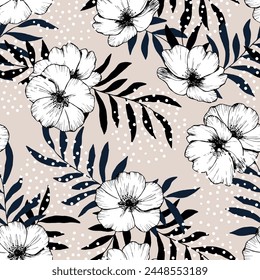 Vintage botanical seamless pattern. Vector hand drawn illustration of wild rose. Floral texture. Sketch style