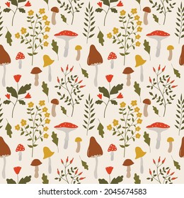 Vintage botanical seamless pattern with wild herbs, flowers, branches, leaves and mushrooms. Vector illustrations of forest flora. Hand drawn colorful floral elements. Background for textile and print