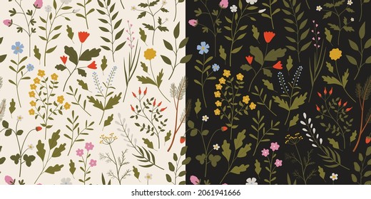 Vintage botanical seamless pattern with wild herbs, flowers, branches and leaves. Vector illustrations of forest flora. Hand drawn colorful floral elements. Background for textile and print