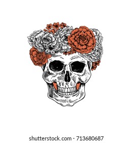Vintage botanical skull illustration. Floral  human skeleton. Vector illustration