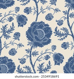 Vintage botanical style pattern with large, intricately detailed flowers and foliage. Well-suited for wallpaper, textiles, other home décor projects. Classic, elegant, and nature-inspired feel.