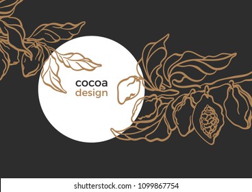 Vintage botanical template Organic sweet food Symbol nature card of cocoa tree, branch with art line leaves, bean, grain, fruit Floral circle frame Vector natural tropical illustration Exotical banner