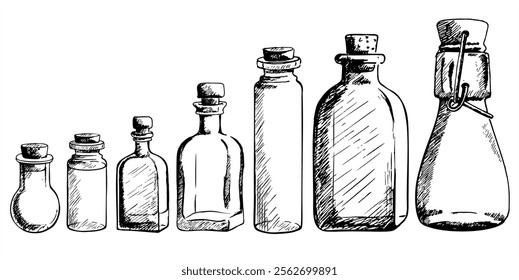 Vintage bottle collection. Set of empty glass jars and bottles of various shapes. Bottle with cork stopper. Clear, big and small glass jar bottle. Hand-drawn vector illustration.