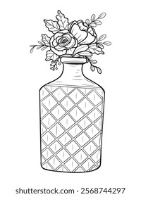 Vintage bottle, decanter with flowers, black and white illustration, for design and decor, vector image, postcard, sticker, print