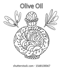 Vintage bottle of essential oils with olive and herbs.Olive oil with branches and leaves.Artistic hand drawn vector illustration.Beautiful coloring page.