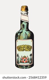 Vintage bottle illustration with ornate label. Bottle features intricate design, vintage style, and decorative elements. Classic vintage bottle art. Vintage art drawing, isolated vector element.