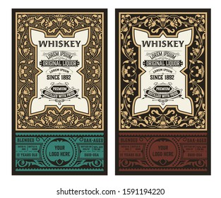 Vintage bottle label design with floral elements. Alcohol industry emblem, distilling business.