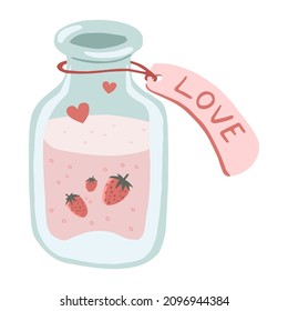 Vintage bottle of love potion drink with label tag