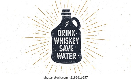 Vintage bottle. Old school poster with text Drink Whiskey Save Water. Bottle in vintage style with linear drawing light rays, sunburst and rays of sun. Hand drawn graphic design. Vector Illustration