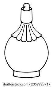 Vintage bottle with perfume. Sketch. A pot-bellied glass bottle with a sprayer. Vector illustration. Doodle style. Pear-shaped container with aromatic eau de toilette. Outline on isolated background.