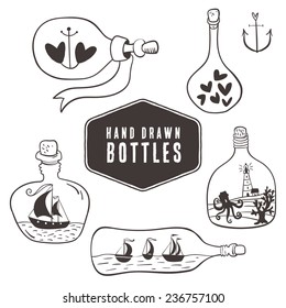 Vintage bottles with hearts and ships in nautical style. Hand drawn decorative elements.