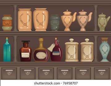 Vintage bottles and jars in the pharmacy cabinet