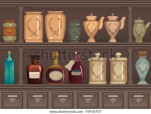 Vintage Bottles Jars Pharmacy Cabinet Stock Vector Royalty Free