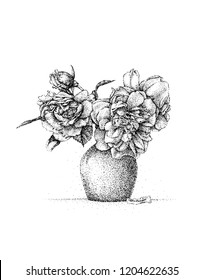 Vintage  bouquet of beautiful roses in vase.  Hand drawn,  the best for your design, wedding cards, coloring book. Isolated on white background. Vector