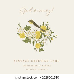 Vintage bouquet with bird and spring flowers. Congratulatory card. Vector botanical illustration. Garden flowering branch and willow warbler.