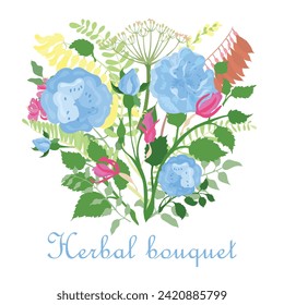 A vintage bouquet with hand-drawn flowers and leaves for invitations, greeting cards, posters, frames, weddings, decorations, and more. A combination of colored and contoured parts of the plant.