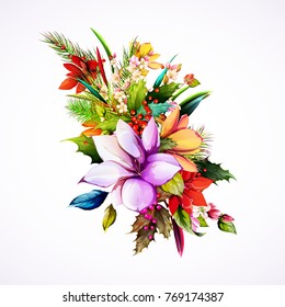 Vintage bouquet of magnolia flowers with fir branches, leaves and christmas tree and berries. Hand drawn. Vector stock