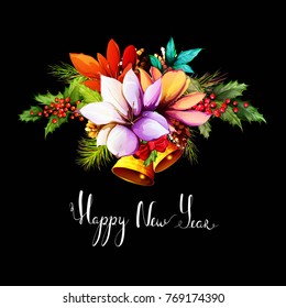 Vintage bouquet of magnolia flowers with fir branches, leaves and christmas tree and bells on black. Hand drawn. Vector stock.