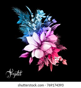 Vintage bouquet of magnolia flowers with fir branches, leaves and christmas tree and berries on black. Hand drawn. Vector stock.