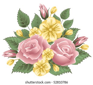 Vintage bouquet of multicolored roses and other flowers. Vector image.