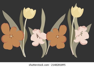 Vintage bouquet of pink yellow and orange tulips with leaves on a dark background. Vector illustration