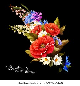 Vintage bouquet of poppy flowers with chamomile (camomile), leaves and cornflowers. Vintage style. Vector stock.