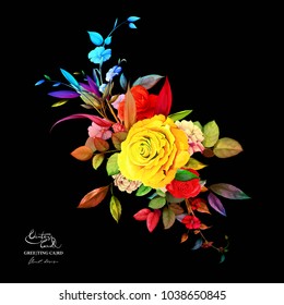 Vintage bouquet of roses with wild flowers, leaf  on black. Hand drawn art work. Vector stock.