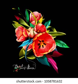 Vintage bouquet of tulips flowers with leaves. Can be used in design purpose. Hand drawn illustration, vector - stock.