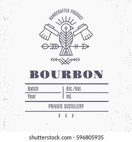 Vintage bourbon label design with ethnic elements in thin line style. Alcohol industry emblem, distilling business. Monochrome, blue on white. Place for text