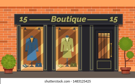 Vintage boutique shop store facade with storefront large window, columns and brick wall. Facade residential building front view. Graphic boutique exterior small business vector illustration