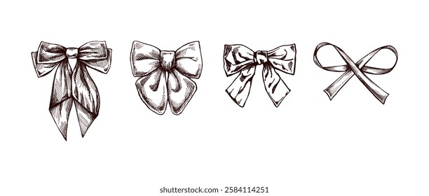 Vintage bow hand drawn sketch set in engraved style