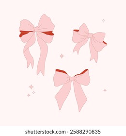 vintage bow and ribbon of three elegant pink bows with red details. romantic girl vibe.