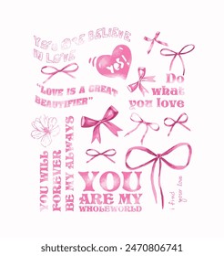 vintage bow typography composition for girl garment t-shirt design pink color