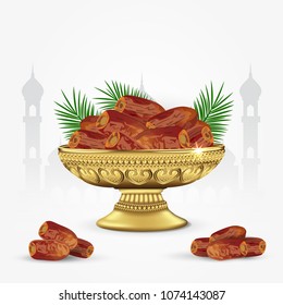 Vintage bowl of dates with palm leaves isolated on white background. ramadan iftar food. 3d vector illustration