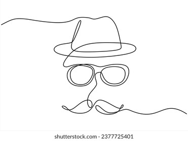 Vintage de bowler, bigote, gafas. Ilustración vectorial del hombre o hipster. Icono retro man. Imagen vectorial. Logo de plantilla de los hombres del Club. Una línea única continua aislada sobre fondo blanco.