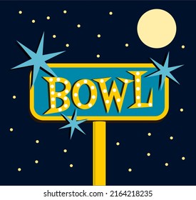 Vintage bowling alley sign at night with moon and stars