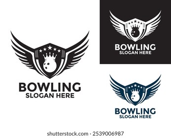 Vector de diseño de logotipo de Antiguas Bowling, Bowling con alas y Plantilla de icono de logotipo de escudo