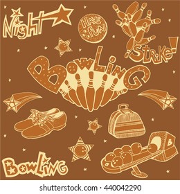 Vintage Bowling Set. Hand Drawn.