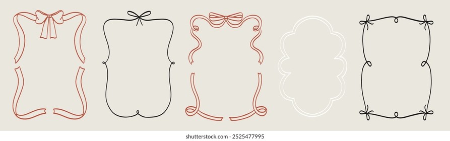 Vintage bows frame for greeting cards, wedding and birthday party, picnic invitations in cute elegant coquette style. Hand drawn ribbons border illustration for social media decoration template.