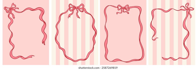 Vintage bows frame for greeting cards, wedding and birthday party, picnic invitations in cute elegant coquette style. Hand drawn pink frames with bow and ribbons border illustration