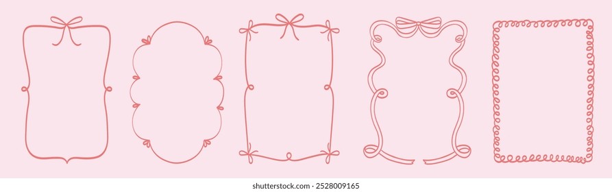 Vintage bows frame with laces for greeting cards, wedding and birthday party, picnic invitations in cute elegant coquette style. Hand drawn ribbons border illustration for social media template.