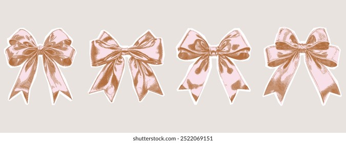 Vintage bows kit. Collage with a girly aesthetic. Retro bitmap scrapbooking style with cutout element. Trendy stickers for poster art or t-shirt with photocopy dotted effect.