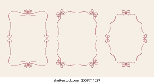 Vintage Bows and Ribbons A4 Frames for Greeting Cards, wedding or birthday Parties, and Invitations in cute elegant coquette style. Hand Drawn Ribbons Border Vector illustration