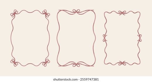 Vintage Bows and Ribbons A4 Frames for Greeting Cards, wedding or birthday Parties, and Invitations in cute elegant coquette style. Hand Drawn Vector illustration in engraved style