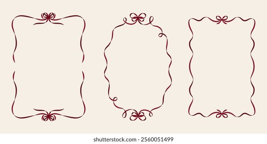 Vintage Bows and Ribbons A4 Frames for Greeting Cards, wedding or birthday Parties, and Invitations in cute elegant coquette style. Hand Drawn Ribbons Border Vector illustration