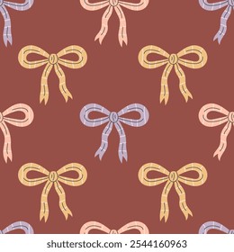 Vintage Bows Seamless Pattern with muted colors. Coquette pastel colored background with decorative tied knots and ribbons. Repeat vector illustration