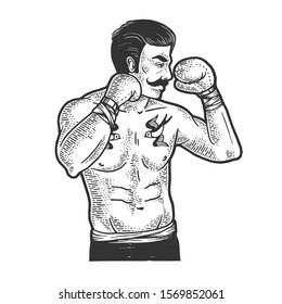 Vintage boxer fighter with mustache sketch engraving vector illustration. T-shirt apparel print design. Scratch board imitation. Black and white hand drawn image.